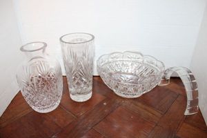 lot 57 image: Lead crystal vases - 6,  and basket (handle needs attention)