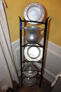 lot 81 image: Pewter dishes with corner display rack