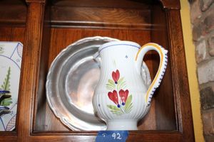 lot 92 image: HB Henriot Quimper France pitcher and pewter plate