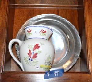 lot 99 image: HB Henriot Quimper France juice pitcher and pewter plate