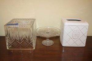 lot 12 image: Ceramic and cut crystal tissue holders and glass pedestal dish