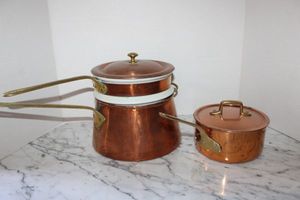 lot 88 image: Vintage copper and ceramic double broiler plus small copper pot