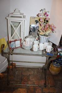 lot 122 image: Asian tea set orchid flower lantern with LED candle, plus glass top tray table