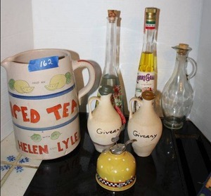 lot 162 image: Decorative kitchen items bottles and Marshall pottery Iced Tea pitcher