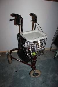 lot 400 image: Red 3 Wheel rollator walker by Nova. Includes basket with tray