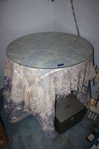 lot 405 image: Round table cover with glass top, plus file cabinets
