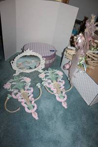 lot 409 image: Purple sewing basket, enameled cast iron mirror, mini white tree with decorations, ceramic sconces (one needs repair)