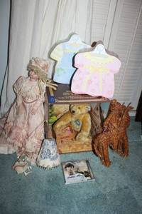 lot 423 image: Vintage porcelain doll, Signed CD of Hudson Moore Fireworks, Rattan man on donkey, Steiff Giengen Teddy Bear set in box
