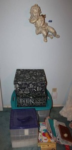 lot 424 image: Plastic storage containers and Misc. craft items, plus hanging wall cherub (thumb needs repair)