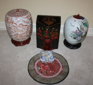 lot 312 image: Home dcor Chinese ginger jars, wooden box, silk embroidered panel and porcelain box