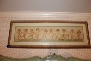 lot 329 image: Wall art dancing cherub print by M. Delecrolk