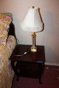 lot 348 image: Side table and table lamp with fringed shade