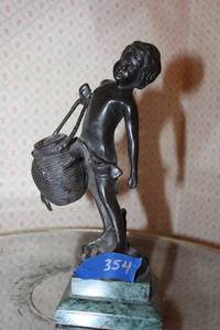lot 354 image: Vintage Bronze statue of boy holding basket with marble base