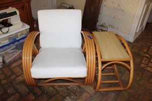 lot 195 image: Vintage Pretzel Rattan 4 strand accent chair with matching side table