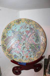 lot 260 image: Chinese plate with wooden stand - plate has 16 diameter, see sticker on back in photos