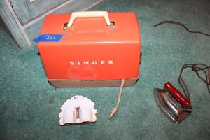 lot 266 image: Vintage Childs SINGER sewing machine, vintage match holder, and antique LADY DOVER iron