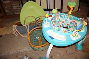 lot 580 image: Childrens bouncy seat, swing seat, rope and basket