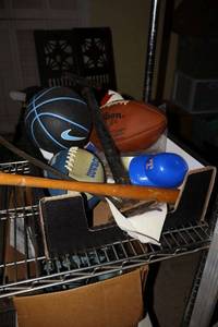 lot 574 image: Sports lot Footballs, mini basketball, mini bat, fishing line