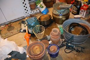 lot 590 image: Flower pots and planters, galvanized bucket, and foot pump