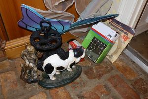 lot 697 image: Misc. lot cast iron items, fairy wings, icicle lights and more
