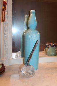lot 293 image: Lead crystal pen holder and Pottery Barn decorative bottle