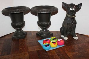 lot 226 image: Pair of metal planters, ceramic dog statue and Playful Buddy dog toys XS