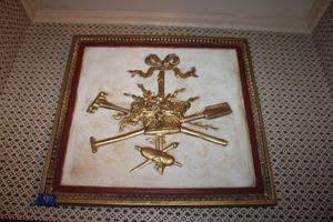 lot 487 image: Wall art and frames Framed plaster crest design, Lemons in bowl print, and extra frames