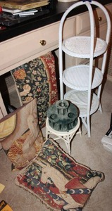lot 496 image: Wicker plant stands and decorative pillows
