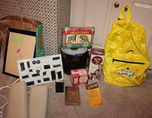 lot 495 image: Misc. lot antique Swedish Sunday School book, vintage Tap-A-Keg, vintage Circus Cookie box, and more