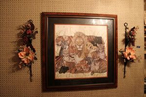 lot 497 image: Wall art Framed cat family print with pair of flower sconces