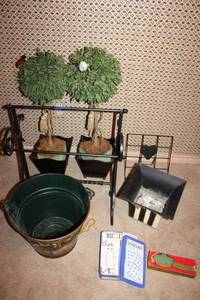 lot 498 image: Home dcor pair of topiaries, metal trash bins and racks. Plus Dominoes.
