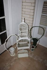 lot 662 image: White birdcage and flower baskets with metal doll sized bench