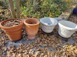 lot 653 image: Plastic and terra cotta planters - 4 total