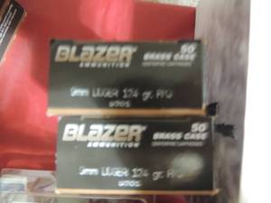 lot 47 image: BLAZER AMMUITION - 9mm Lugar 124gr-- FMJ 2 boxes of 50 rounds   X $$