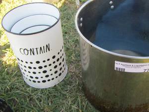 lot 77 image: 3 metal white containers- metal cooker pot