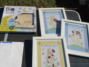 lot 210 image: 3 framed childrens art- big stitch over the moon wall dcor