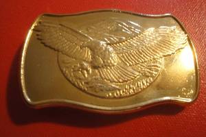 lot 19 image: 24 Karat Gold Electroplated American Eagle Belt Buckle, International Mint BZF, COA # 045483 3 14x 2