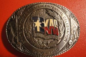 lot 28 image: Official State of Texas Sesquicentennial Celebration Belt Buckle by Texoma Leather & Brass, PewterNickel, Silver Plated 3 12x 2 12