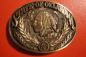 lot 43 image: State of Oklahoma 75th Diamond Jubilee Belt Buckle, First Edition, Solid Brass by Award Design Medals