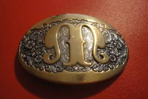 lot 49 image: 24 KGP Letter M Belt Buckle by Award Design Medals, 4x 2 34