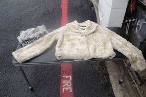 lot 109 image: Faux Fur Jacket, Creme Color, Rhinestone Buttons, Size Lg. Needs Cleaned and 1 - Black and White Neck Warmer