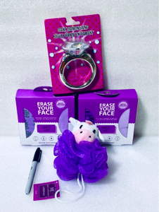 lot 61 image: Lot Of 4 New - (2) Erase Your Face Kit, ME Loofah & Giant Diamond Ring Fashion Accessory - As Shown - 2nd Chance Lot