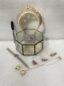 lot 70 image: Glass Jewelry Box With Hinged Lid & Assorted Pieces - In Condition As Shown - READ