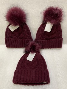 lot 91 image: Lot of 3 - New With Tags West Loop Womens Winter Knitted Burgundy Beanies with Faux Fur Pom, Model#940708 - As Shown - Total Retail $30