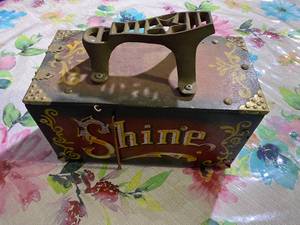 lot 224 image: Vintage Wood & Metal Shoe Shine Box 5 Cent Shine Circus Carnival Theme 12 - In Condition As Shown