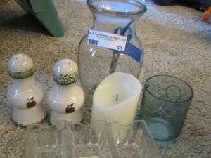 lot 41 image: Vase, apple salt and pepper shakers, Libra coffee cup, candle, and more