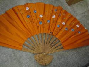 lot 71 image: Orange with blue and white flowers large fan  - PAINTED  - SIGNED OANYA