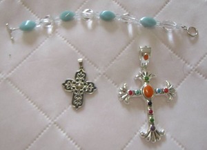 lot 136 image: baby blue bracelet, 2 cross pendants