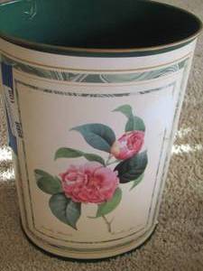 lot 108 image: green metal trash can with floral designs