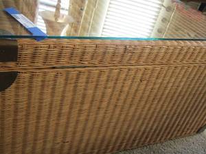 lot 113 image: Wicker chest with glass top - USED AS A COFFEE TABLE